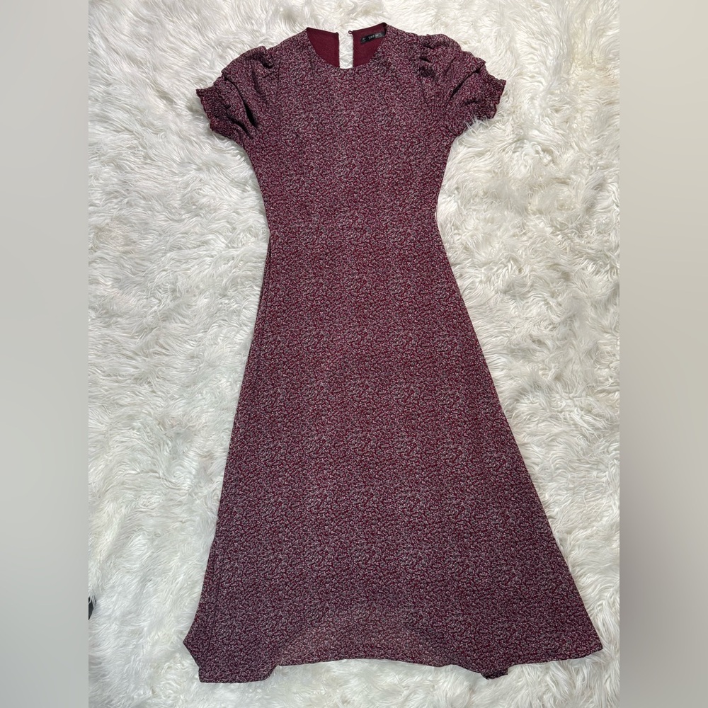 SHEIN Red Pleated Puff Sleeve Midi Dress
